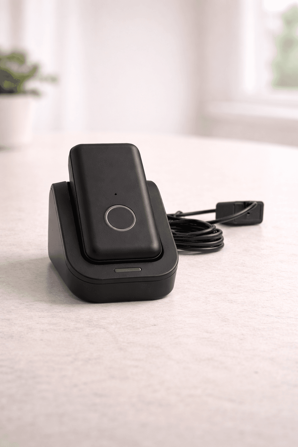 Indy Mobile portable GPS medical alert clipped to a senior woman's belt while walking through a sunny park - view 3