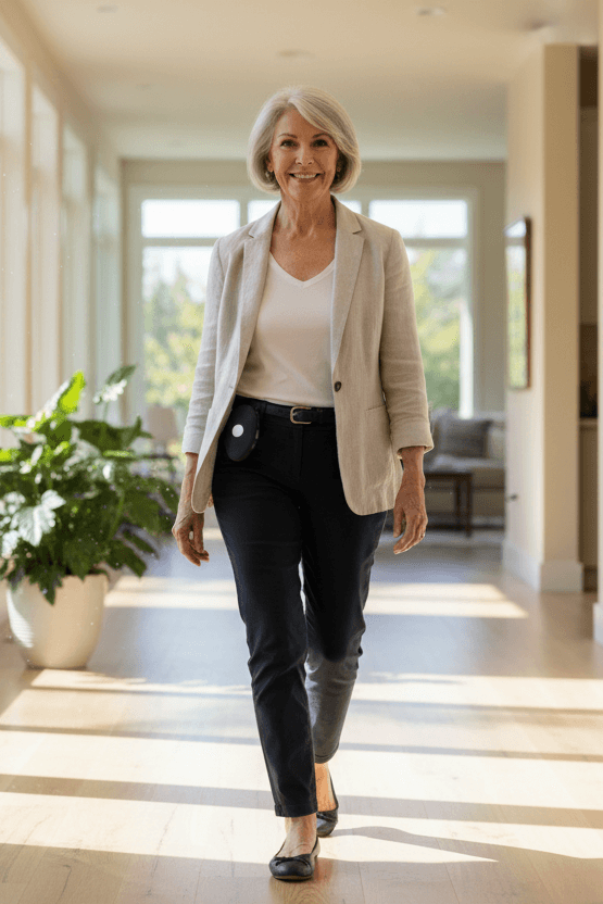 Senior woman confidently walking down a sunlit hallway in her home, wearing an Indy Mobile device on her belt, natural daylight streaming through windows